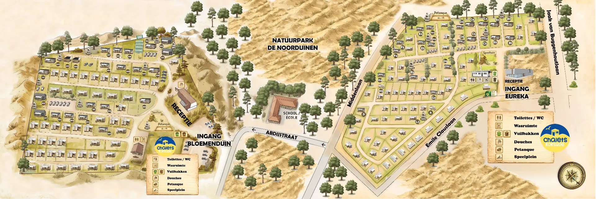 Plan van de campings Eureka en Bloemenduin in Koksijde, met receptie, ingangen en de Abdijstraat